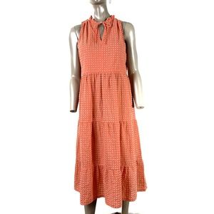 LOFT Sleeveless Textured Gauze Polka Dot Tiered Maxi Dress Orange Women Size M